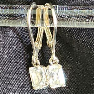 Emerald Cut simulated diamond Silver Lever Back Dangle Earrings 1"X 3/8"